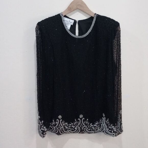 Laurence Kazar Tops - Vintage Lawrence Kazar Paris/New York Black Beaded Pearl Silk Blouse, Size 10